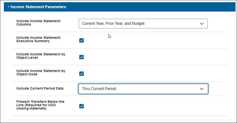 Illustration of the income statement parameters as it is presented on the Multi-Year Financial Statements Report